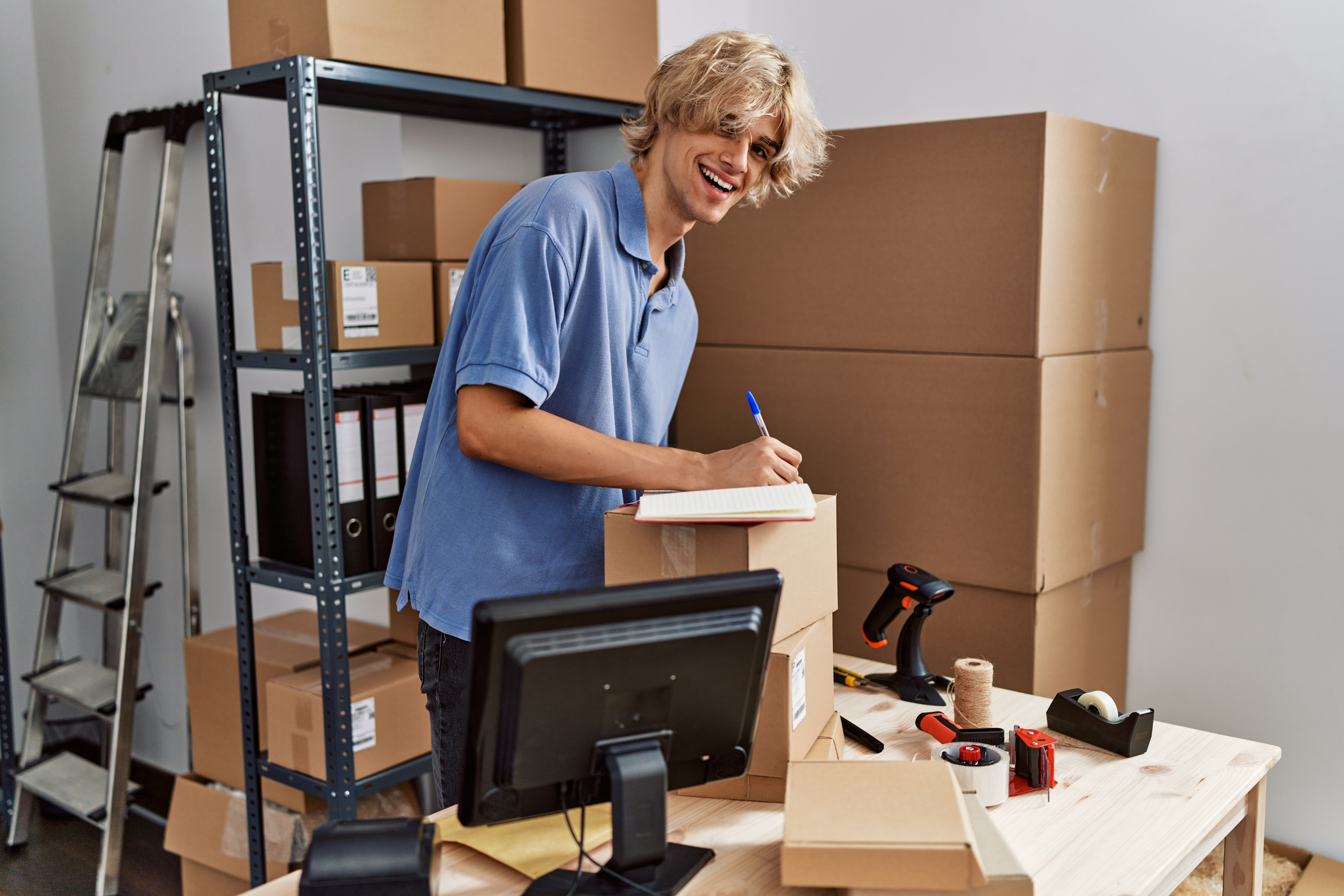 Person smiling while writing notes on a cardboard box in a workspace filled with packing materials, boxes, and office supplies.
